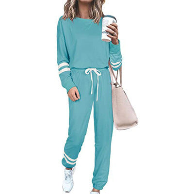 Women's Solid Long Sleeve Round Neck Pulloever Top Drawstring Pants Set