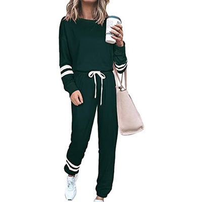 Women's Solid Long Sleeve Round Neck Pulloever Top Drawstring Pants Set