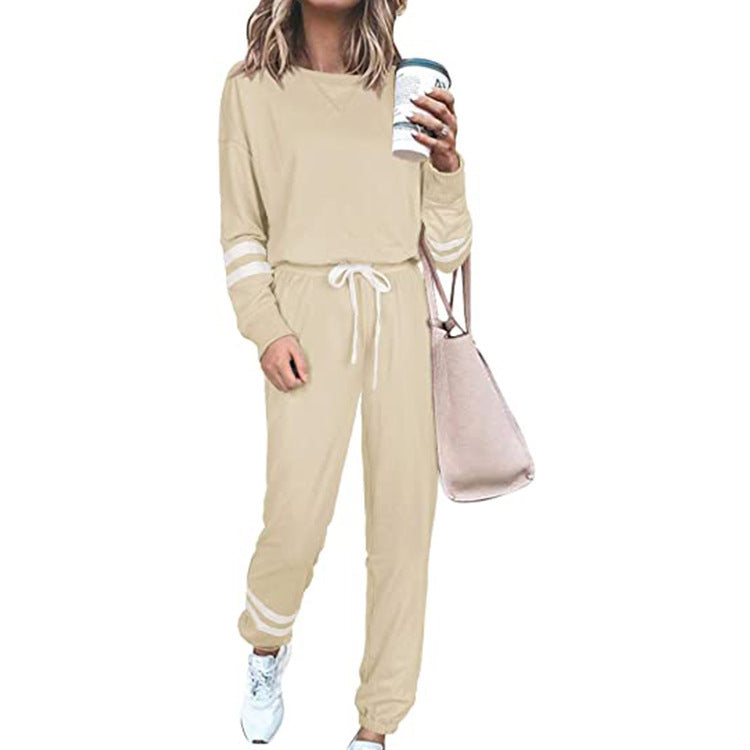 Women's Solid Long Sleeve Round Neck Pulloever Top Drawstring Pants Set