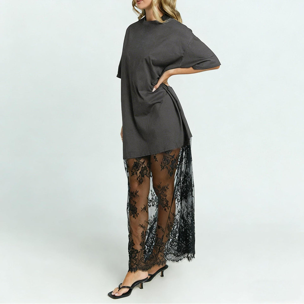 Romantic Contrast Set | Oversized Tee & Floral Lace Maxi Skirt Ensemble