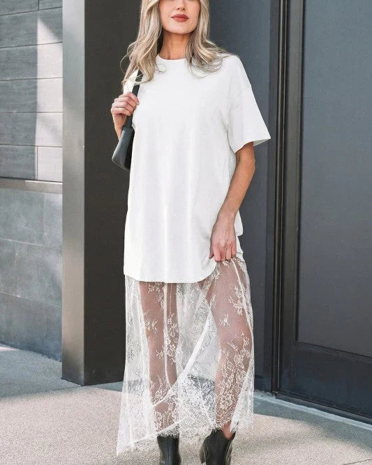 Romantic Contrast Set | Oversized Tee & Floral Lace Maxi Skirt Ensemble