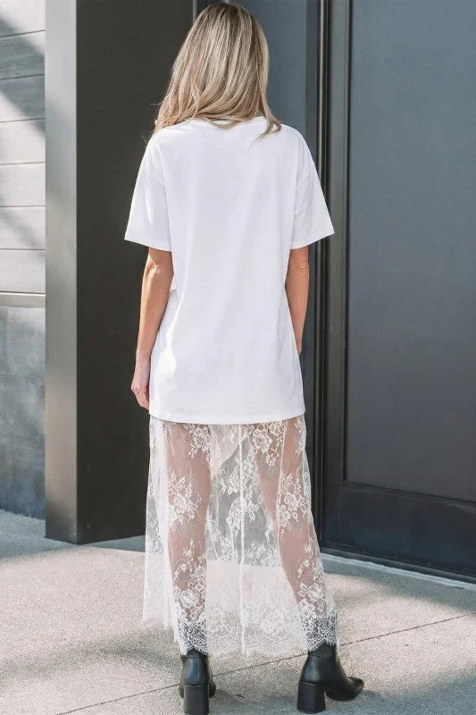 Romantic Contrast Set | Oversized Tee & Floral Lace Maxi Skirt Ensemble