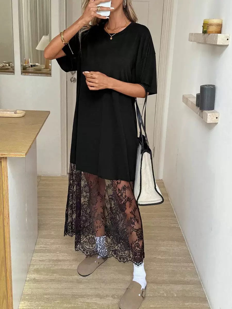 Romantic Contrast Set | Oversized Tee & Floral Lace Maxi Skirt Ensemble