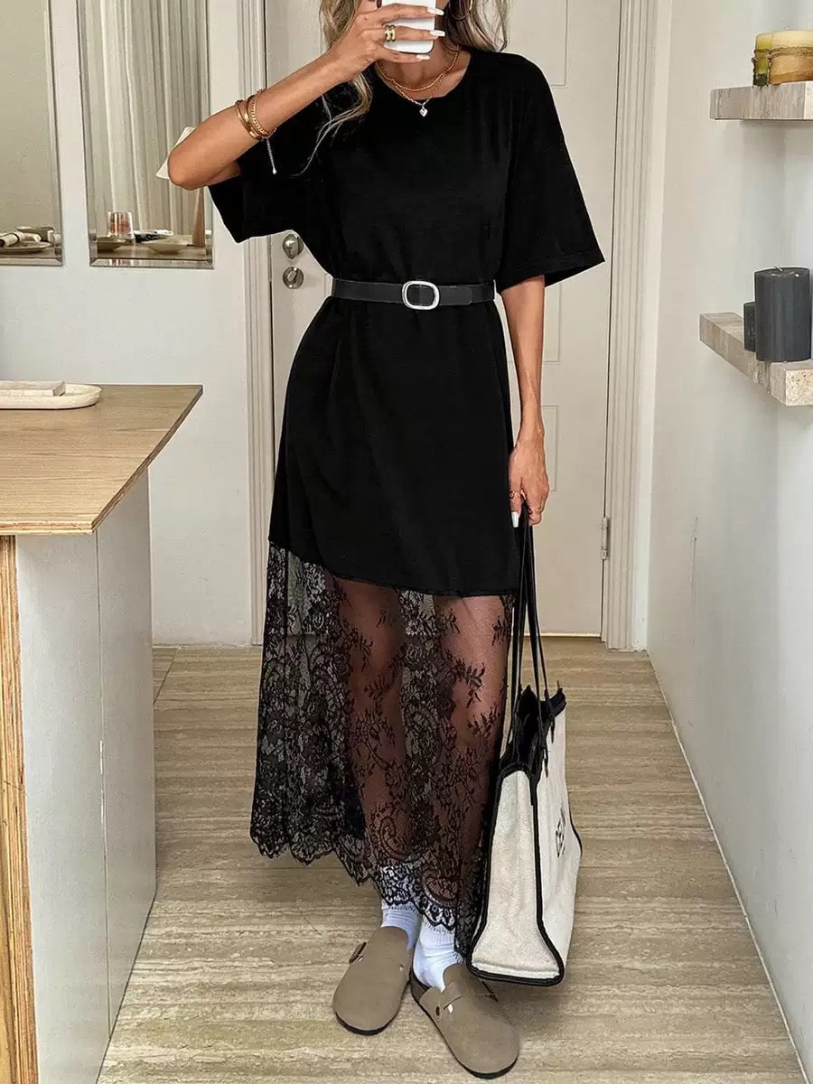 Romantic Contrast Set | Oversized Tee & Floral Lace Maxi Skirt Ensemble
