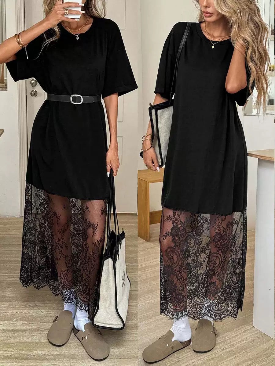Romantic Contrast Set | Oversized Tee & Floral Lace Maxi Skirt Ensemble