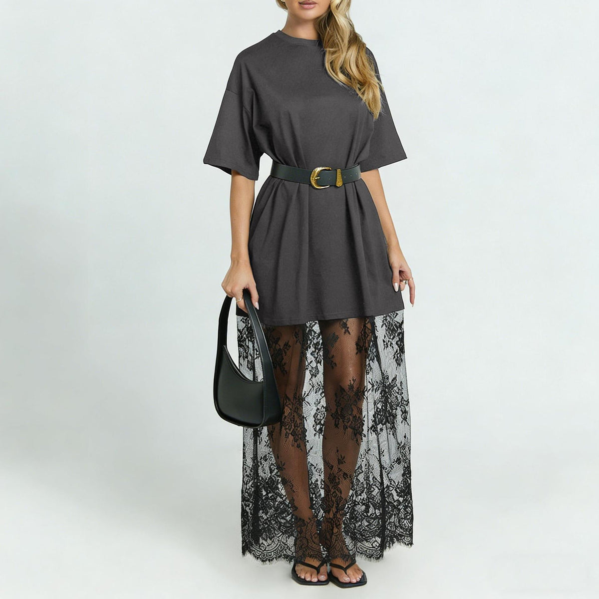 Romantic Contrast Set | Oversized Tee & Floral Lace Maxi Skirt Ensemble
